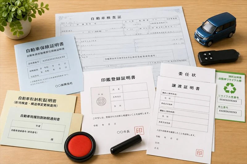 井原市で車を売却する際に必要な車検証や印鑑証明書などの書類イメージ