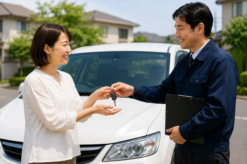 車の査定金額に納得後、売却の契約と車両引取りを行うイメージ