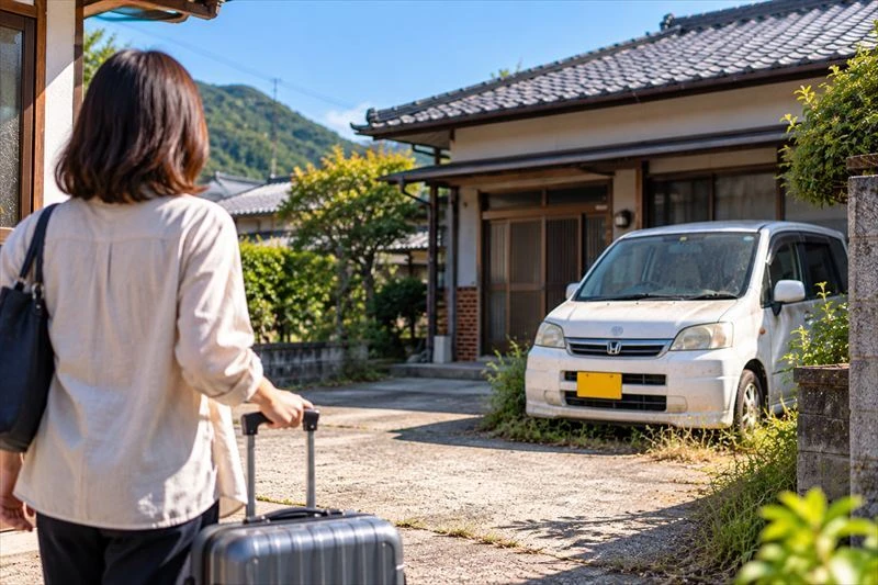 遠方から福山市の実家に戻り相続した車の売却を検討するイメージ