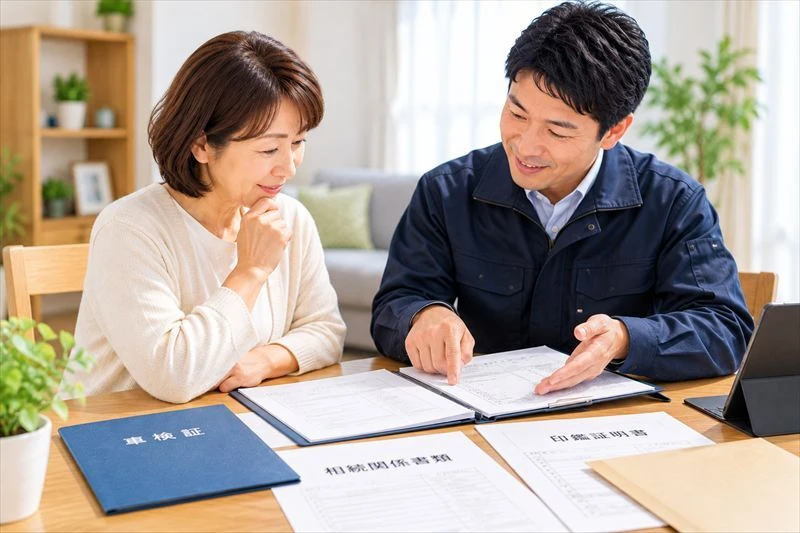 相続した車の売却に必要な書類の案内を受ける様子