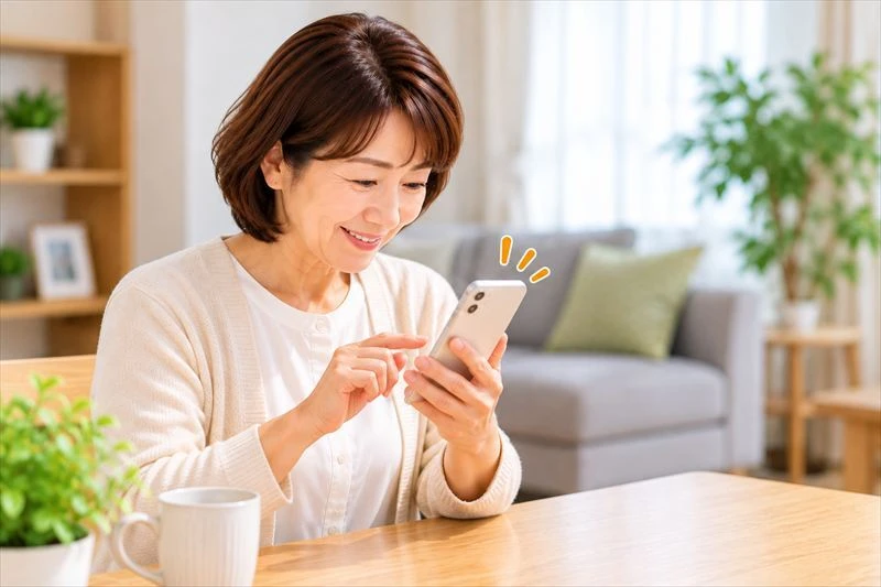 相続車の名義変更完了報告をスマートフォンで確認する女性